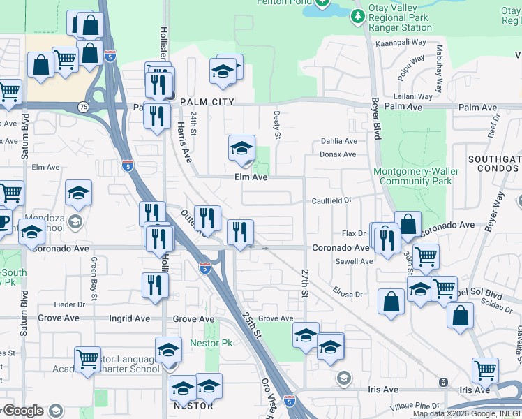 map of restaurants, bars, coffee shops, grocery stores, and more near 2569 Caulfield Drive in San Diego