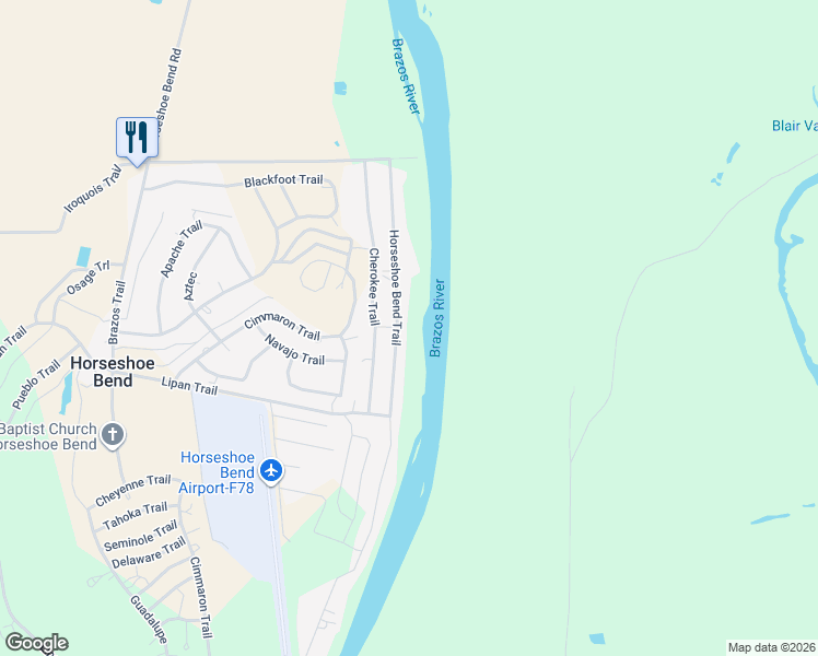 map of restaurants, bars, coffee shops, grocery stores, and more near 7065 Horseshoe Bend Trail in Weatherford