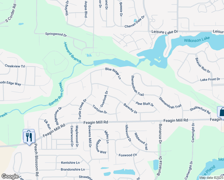 map of restaurants, bars, coffee shops, grocery stores, and more near 302 Cedar Ridge Drive in Warner Robins