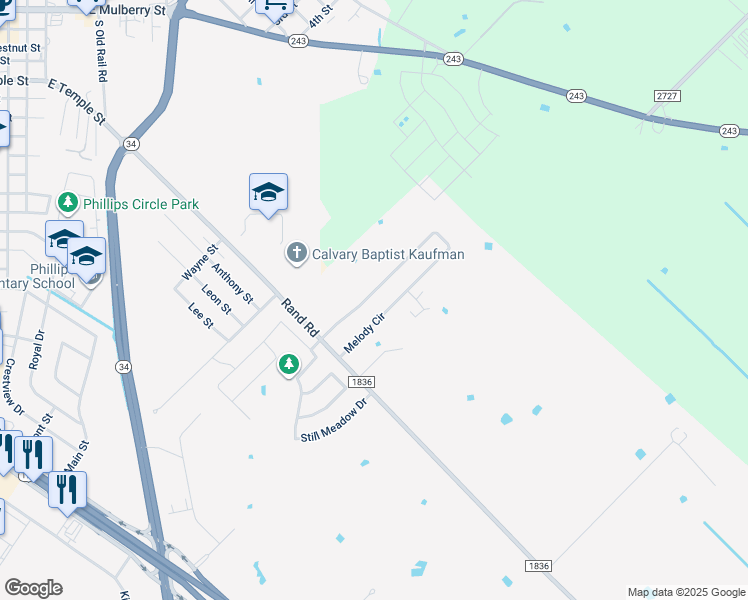 map of restaurants, bars, coffee shops, grocery stores, and more near 501 Melody Cir in Kaufman