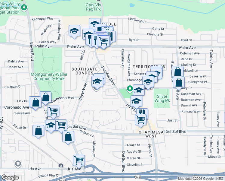 map of restaurants, bars, coffee shops, grocery stores, and more near 3293 Caminito Quixote in San Diego