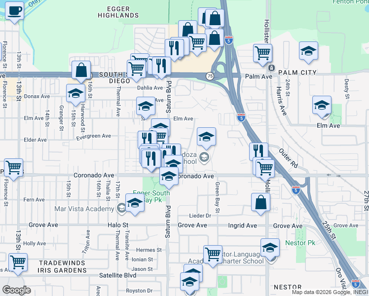 map of restaurants, bars, coffee shops, grocery stores, and more near 1920 Dunning Circle in San Diego