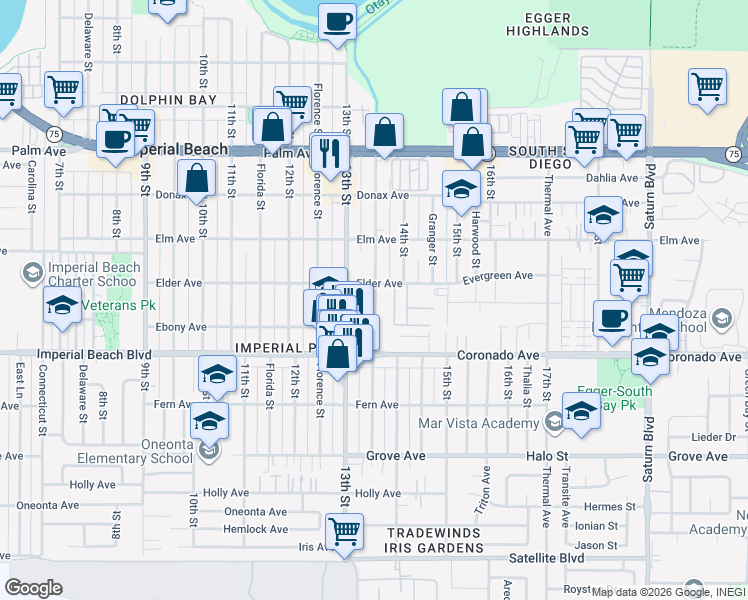 map of restaurants, bars, coffee shops, grocery stores, and more near 1019 13th Street in Imperial Beach