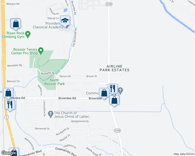 map of restaurants, bars, coffee shops, grocery stores, and more near 2631 Brown Street in Bossier City