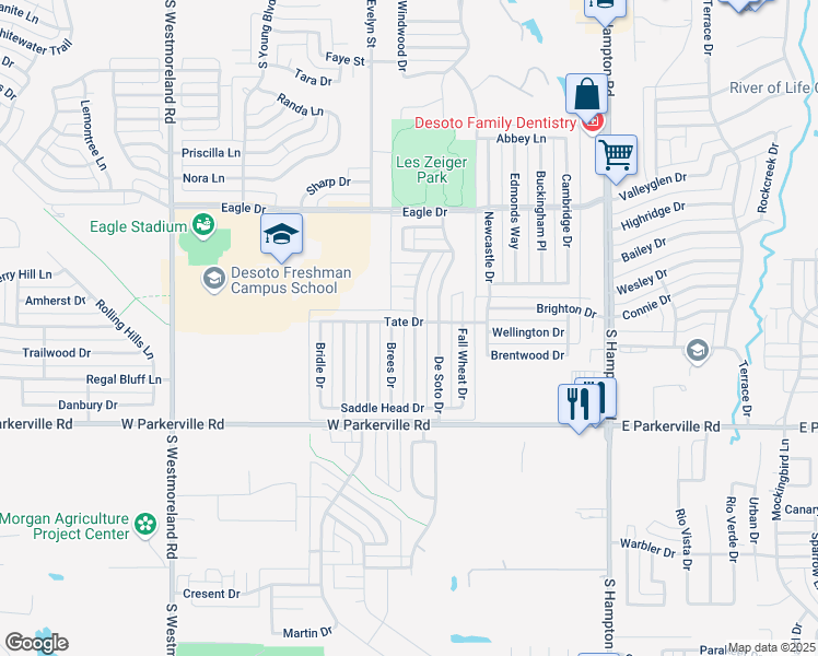 map of restaurants, bars, coffee shops, grocery stores, and more near 700 Brees Drive in DeSoto