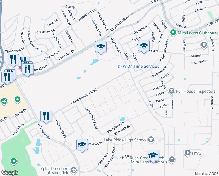 map of restaurants, bars, coffee shops, grocery stores, and more near 4707 Sunset Drive in Mansfield