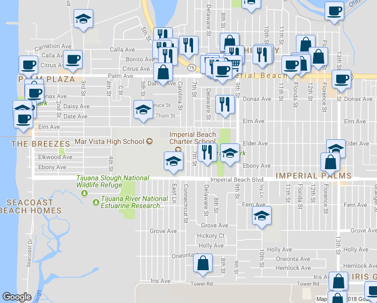 map of restaurants, bars, coffee shops, grocery stores, and more near 1019 Connecticut Street in Imperial Beach