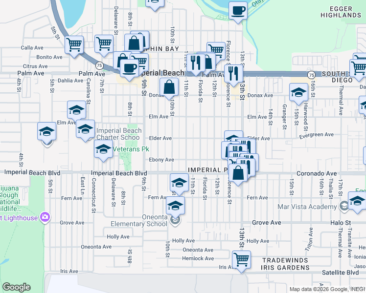map of restaurants, bars, coffee shops, grocery stores, and more near 1018 11th Street in Imperial Beach
