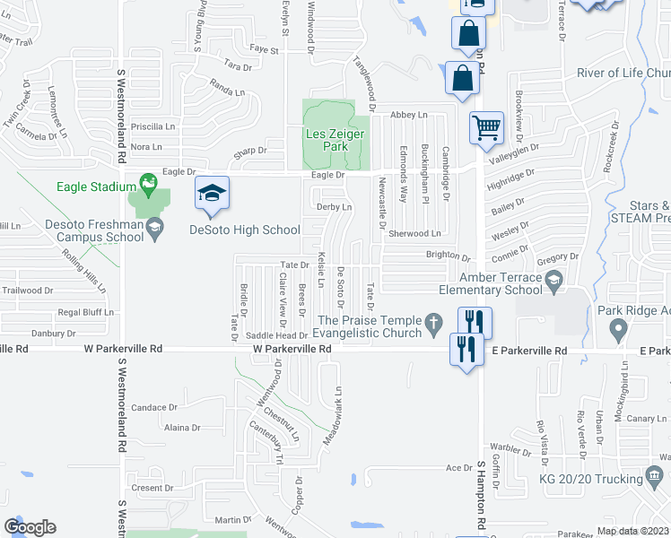 map of restaurants, bars, coffee shops, grocery stores, and more near 701 De Soto Drive in DeSoto