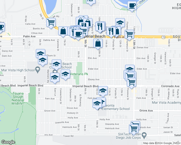 map of restaurants, bars, coffee shops, grocery stores, and more near 1016 Emory Street in Imperial Beach
