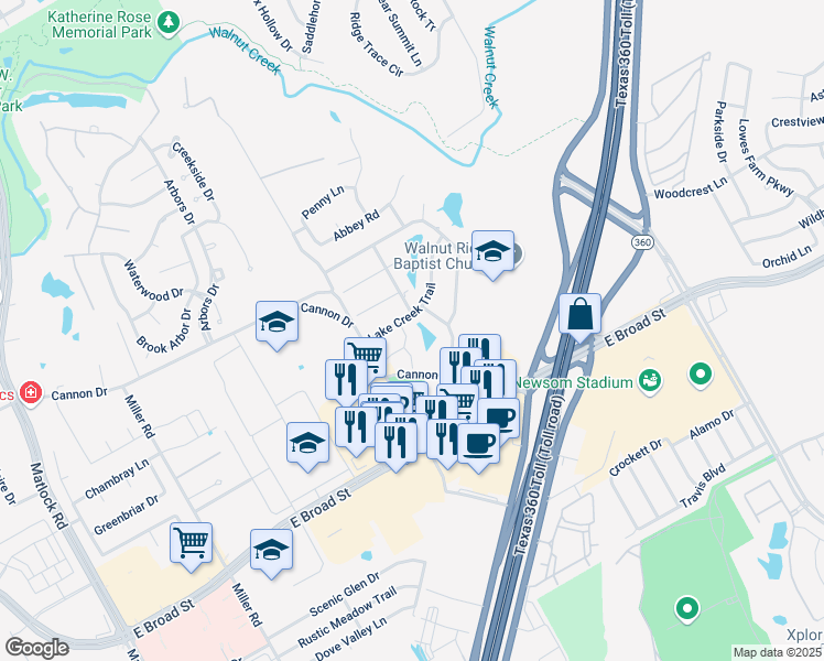 map of restaurants, bars, coffee shops, grocery stores, and more near 11 Crestlake Court in Mansfield