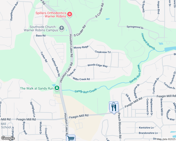 map of restaurants, bars, coffee shops, grocery stores, and more near 103 Water Oak Court in Warner Robins