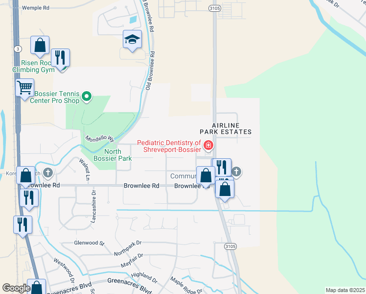 map of restaurants, bars, coffee shops, grocery stores, and more near 2639 Brown Street in Bossier City