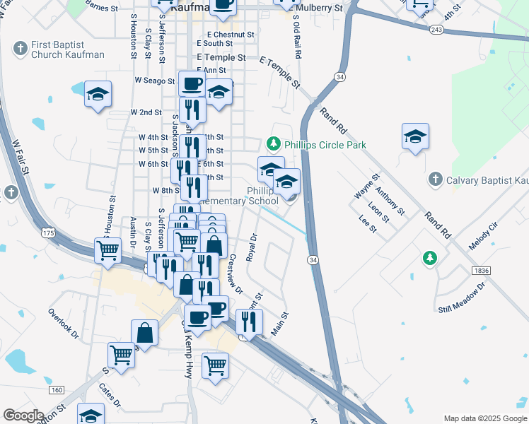 map of restaurants, bars, coffee shops, grocery stores, and more near 501 E 9th St in Kaufman