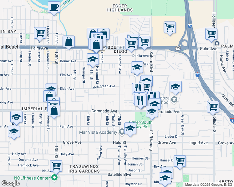 map of restaurants, bars, coffee shops, grocery stores, and more near 992 Thermal Avenue in San Diego