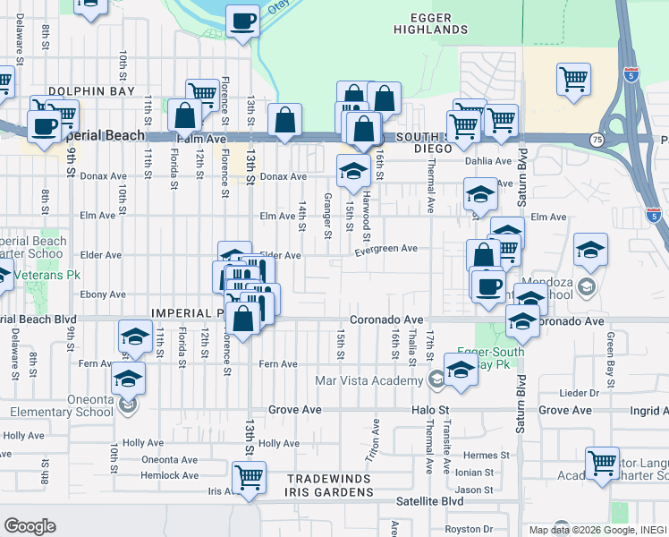 map of restaurants, bars, coffee shops, grocery stores, and more near 1479-85 Elder Avenue in Imperial Beach