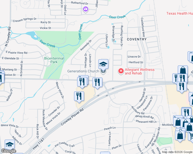 map of restaurants, bars, coffee shops, grocery stores, and more near 108 Centennial Place in Crowley