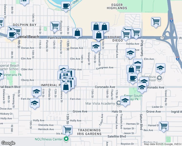 map of restaurants, bars, coffee shops, grocery stores, and more near 1479-85 Elder Avenue in Imperial Beach