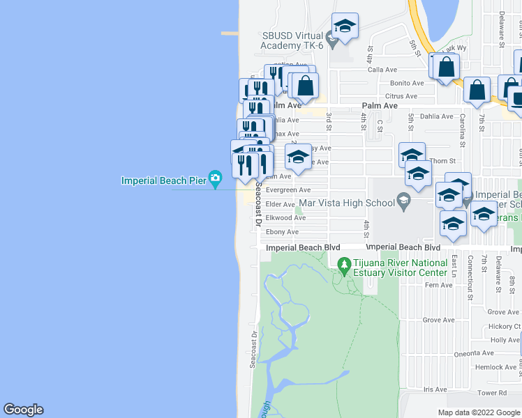 map of restaurants, bars, coffee shops, grocery stores, and more near 967 Seacoast Drive in Imperial Beach