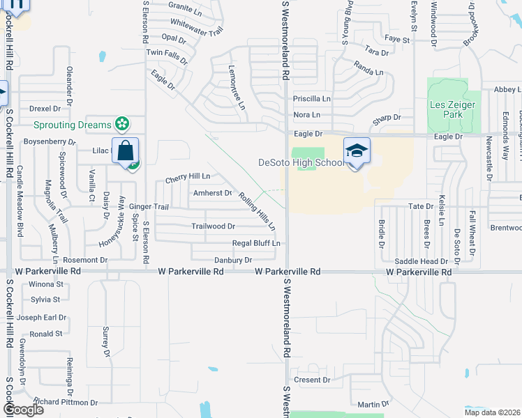 map of restaurants, bars, coffee shops, grocery stores, and more near 708 Rolling Hills Lane in DeSoto