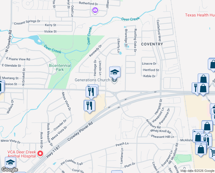 map of restaurants, bars, coffee shops, grocery stores, and more near 108 Centennial Place in Crowley