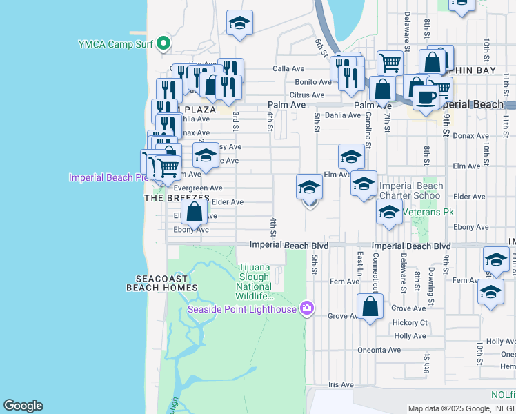 map of restaurants, bars, coffee shops, grocery stores, and more near 351 Elder Avenue in Imperial Beach