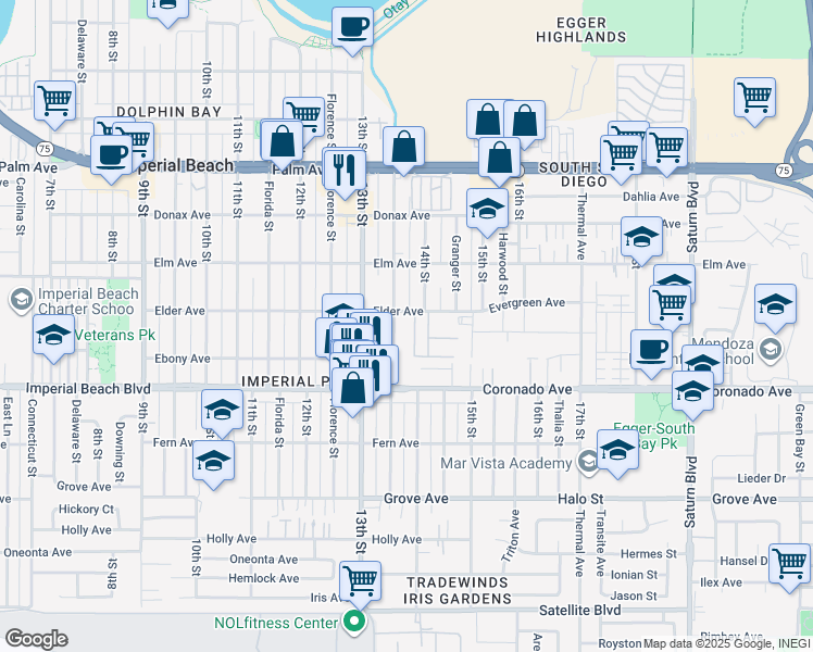 map of restaurants, bars, coffee shops, grocery stores, and more near 1357 Elder Avenue in Imperial Beach