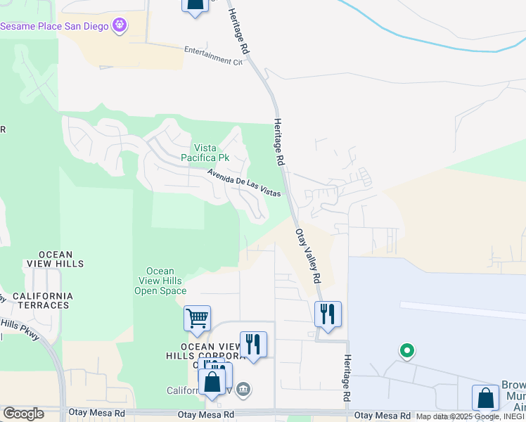 map of restaurants, bars, coffee shops, grocery stores, and more near 6333 Avenida De Las Vistas in San Diego