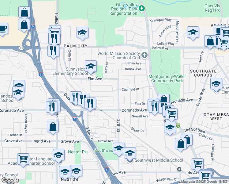 map of restaurants, bars, coffee shops, grocery stores, and more near 2661 Caulfield Drive in San Diego