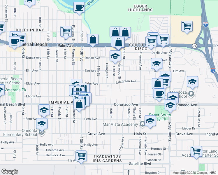 map of restaurants, bars, coffee shops, grocery stores, and more near 1479-85 Elder Avenue in Imperial Beach