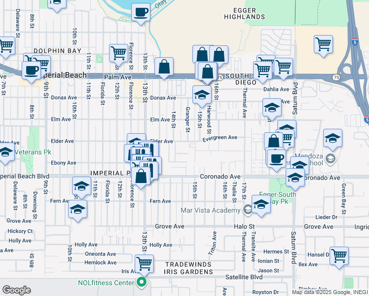 map of restaurants, bars, coffee shops, grocery stores, and more near 1479-85 Elder Avenue in Imperial Beach