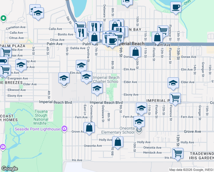 map of restaurants, bars, coffee shops, grocery stores, and more near 1023 Delaware Street in Imperial Beach