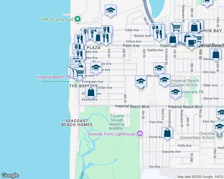 map of restaurants, bars, coffee shops, grocery stores, and more near 293 Elder Avenue in Imperial Beach