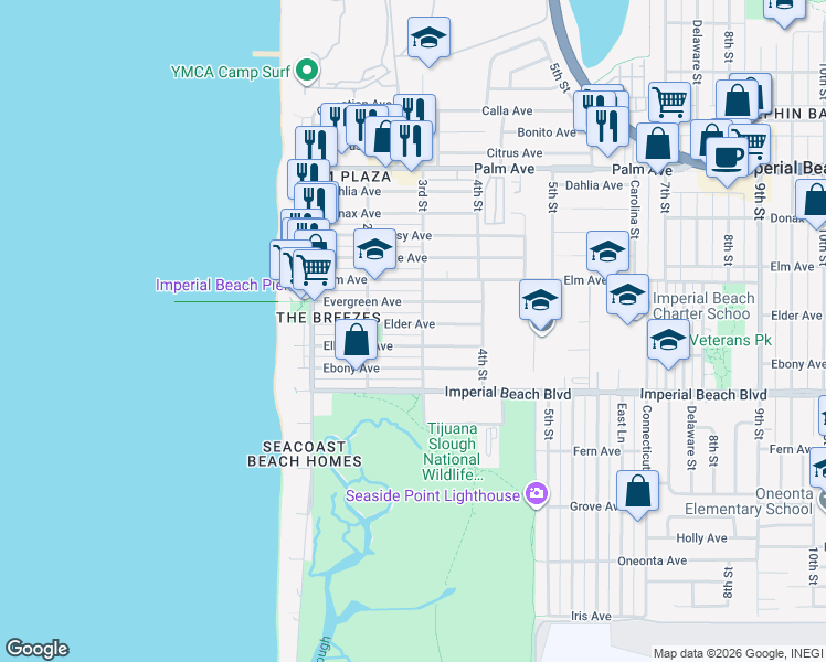 map of restaurants, bars, coffee shops, grocery stores, and more near 293 Elder Avenue in Imperial Beach