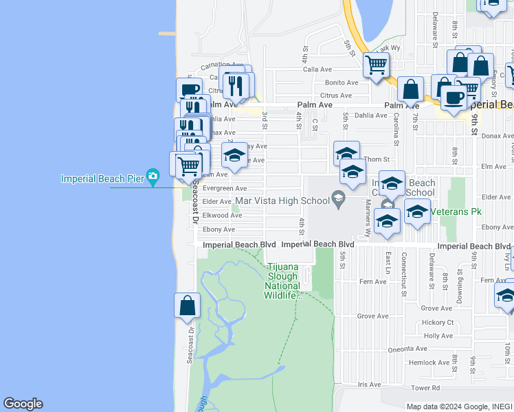 map of restaurants, bars, coffee shops, grocery stores, and more near 293 Elder Avenue in Imperial Beach