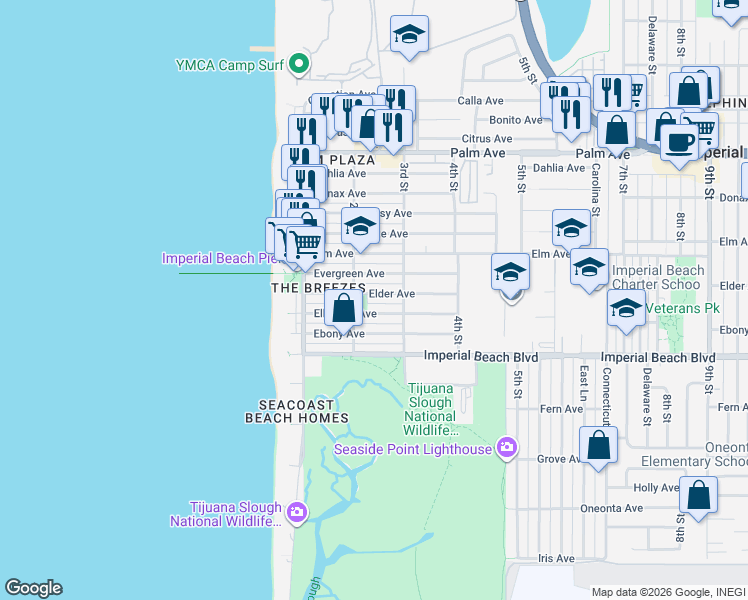 map of restaurants, bars, coffee shops, grocery stores, and more near 231 Elder Avenue in Imperial Beach