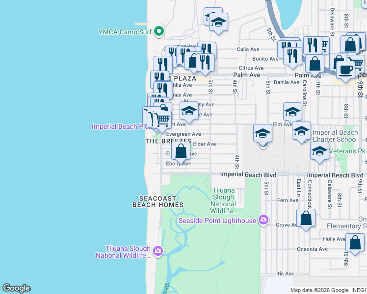 map of restaurants, bars, coffee shops, grocery stores, and more near 157 Elder Avenue in Imperial Beach