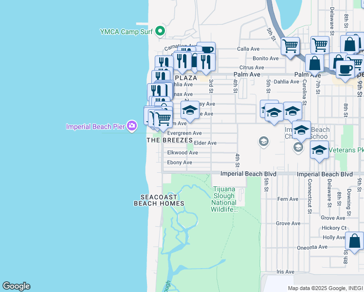 map of restaurants, bars, coffee shops, grocery stores, and more near 157 Elder Avenue in Imperial Beach