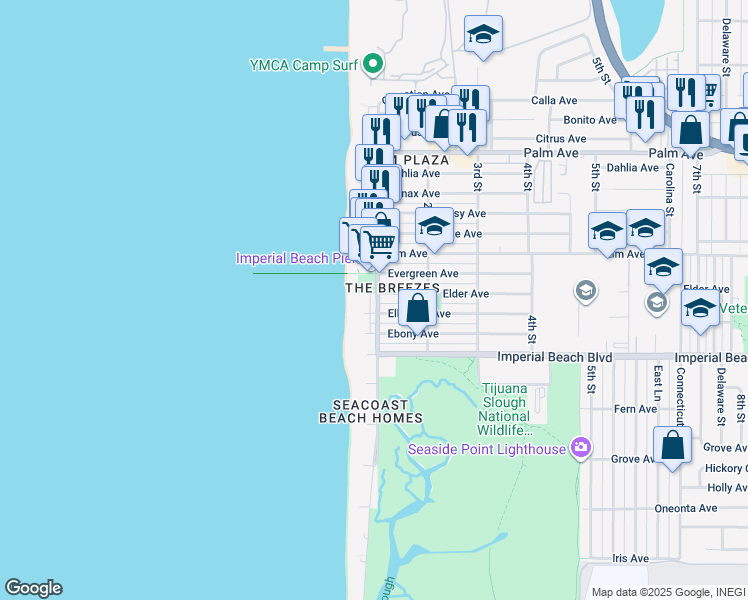 map of restaurants, bars, coffee shops, grocery stores, and more near 12 Ocean Lane in Imperial Beach