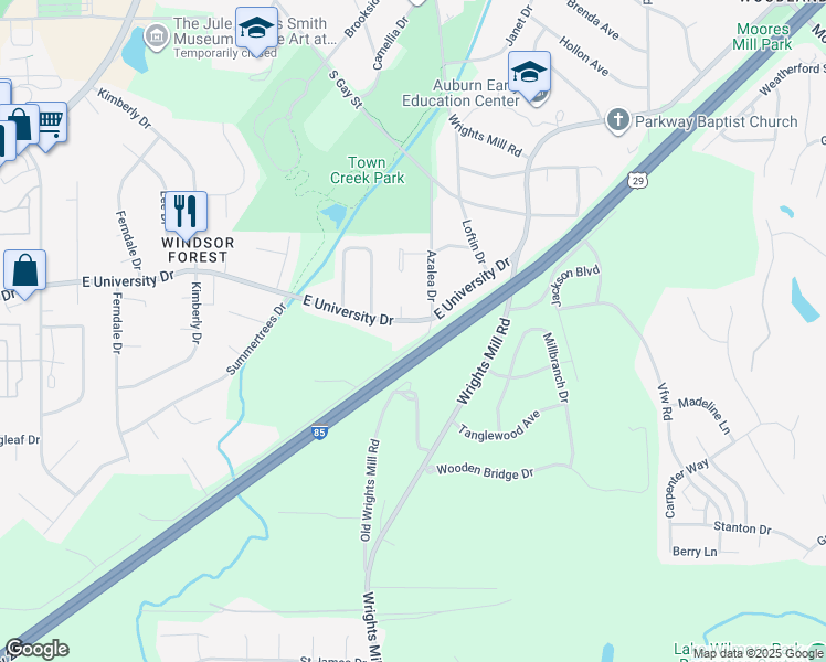 map of restaurants, bars, coffee shops, grocery stores, and more near 530 East University Drive in Auburn