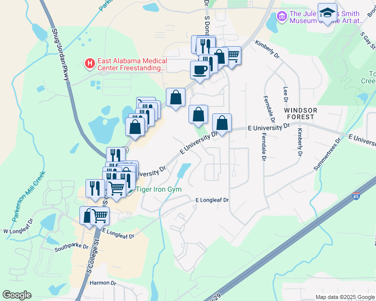 map of restaurants, bars, coffee shops, grocery stores, and more near 155 East University Drive in Auburn