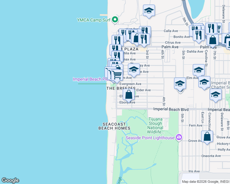 map of restaurants, bars, coffee shops, grocery stores, and more near 12 Ocean Lane in Imperial Beach
