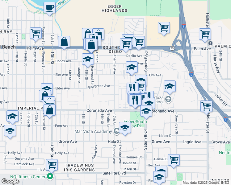 map of restaurants, bars, coffee shops, grocery stores, and more near 991 Thermal Avenue in San Diego