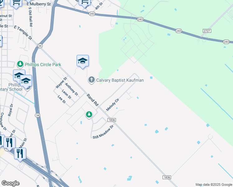 map of restaurants, bars, coffee shops, grocery stores, and more near 501 Melody Circle in Kaufman