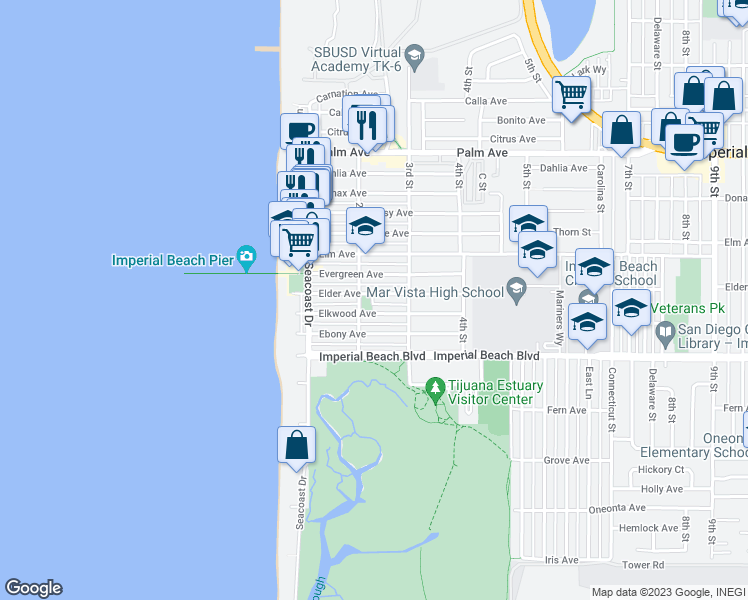 map of restaurants, bars, coffee shops, grocery stores, and more near 231 Elder Avenue in Imperial Beach