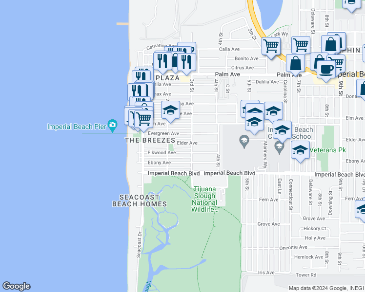 map of restaurants, bars, coffee shops, grocery stores, and more near 259 Elder Avenue in Imperial Beach