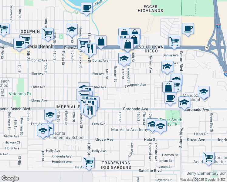 map of restaurants, bars, coffee shops, grocery stores, and more near 1479-85 Elder Avenue in Imperial Beach