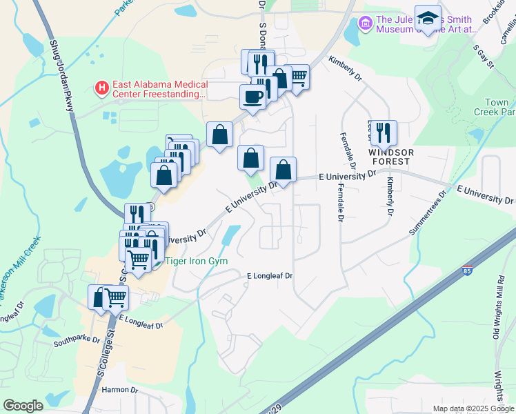 map of restaurants, bars, coffee shops, grocery stores, and more near 1900 East University Drive in Auburn