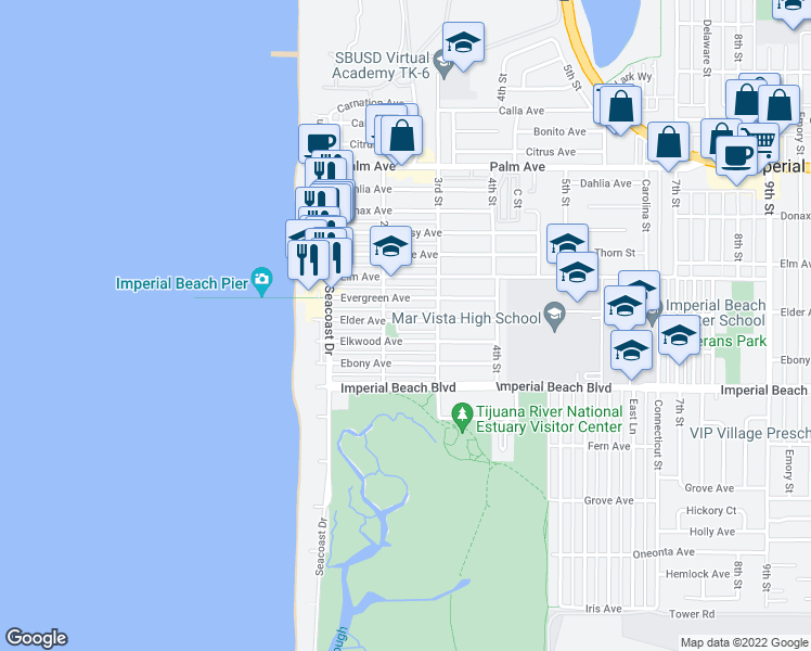 map of restaurants, bars, coffee shops, grocery stores, and more near 231 Elder Avenue in Imperial Beach