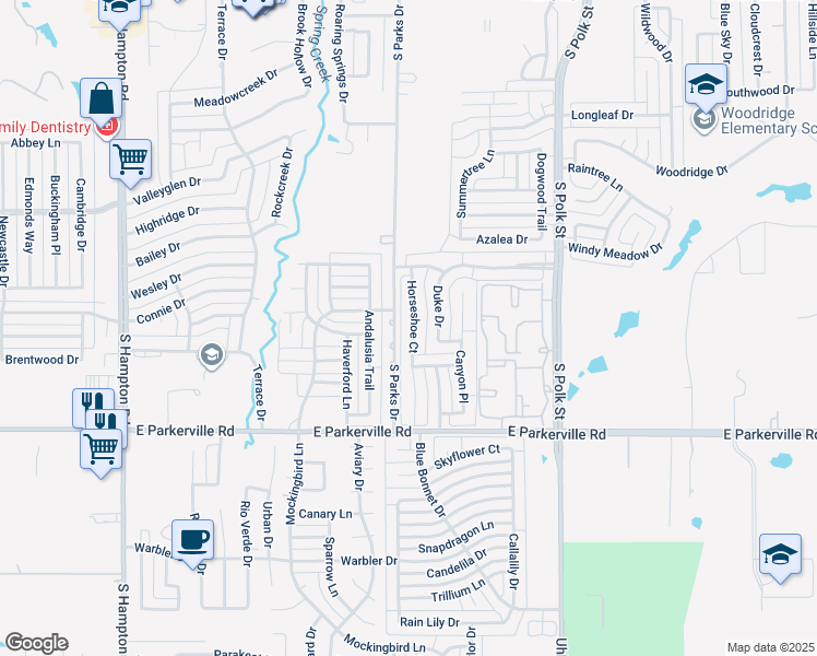 map of restaurants, bars, coffee shops, grocery stores, and more near 713 Horseshoe Court in DeSoto